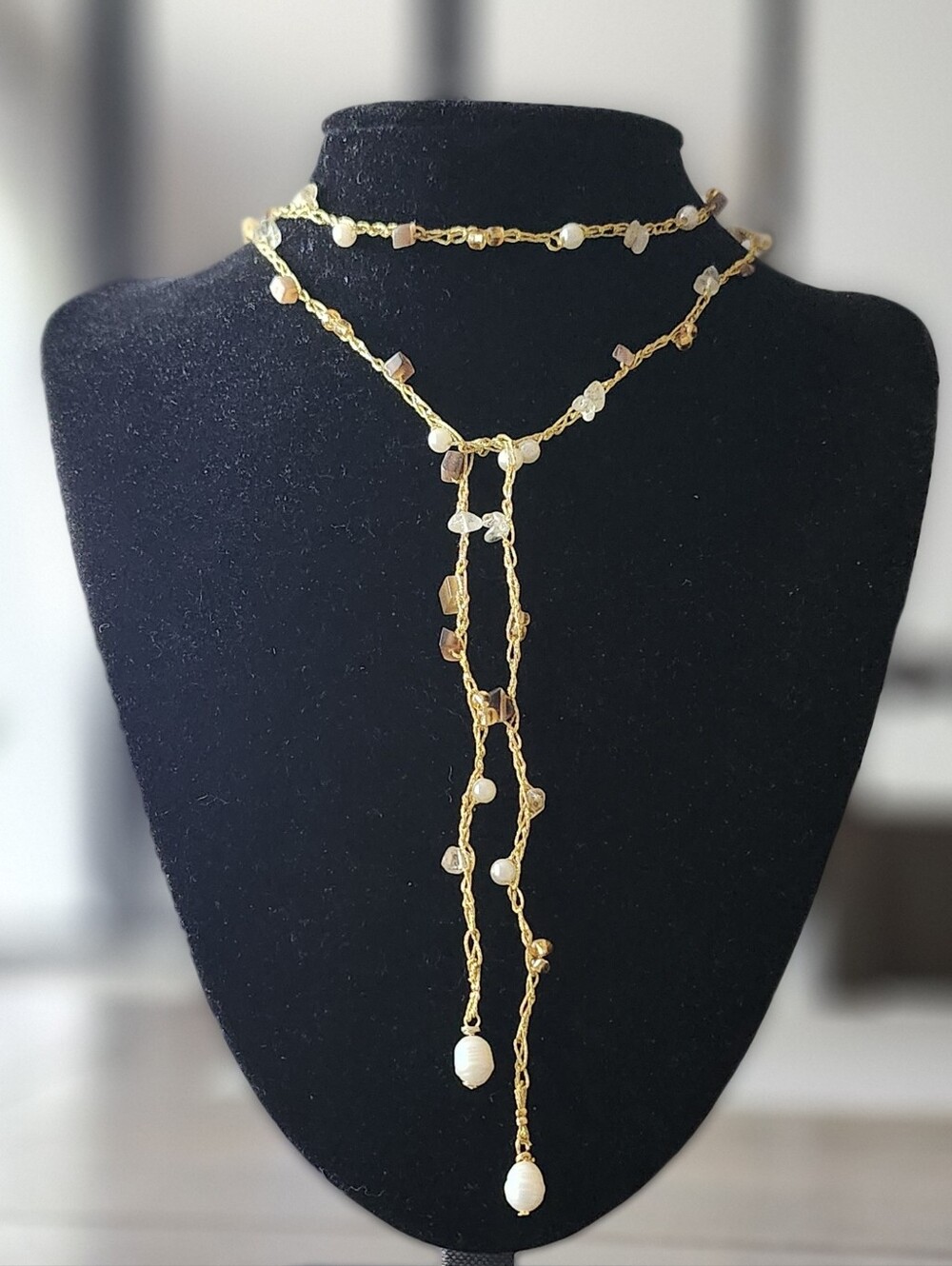 Gold Pearl Lariat Necklace -Natural Gemstone Y Necklace Crochet Irregular Pearl